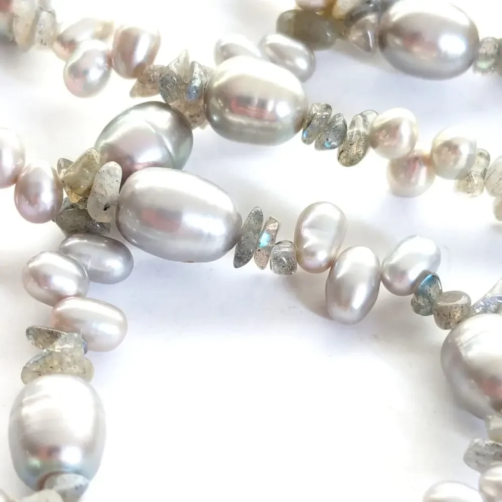 Stunning Silver Freshwater Pearl Quartz Chip Long Sterling Silver Clasp Necklace